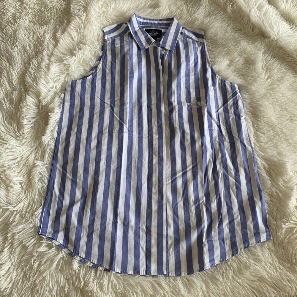 Dockers Womens Blue Striped Cotton Collared Sleeveless‎ Button Down Shirt Small